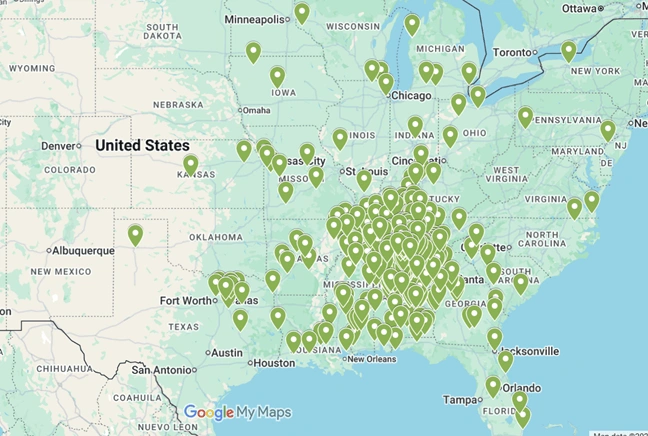 Map showing Valley Storm Shelters customers across the United States